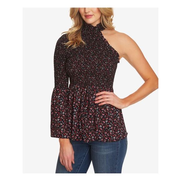 NWT CECE Womens Black Smocked Printed Long Sleeve Top M - Picture 1 of 4